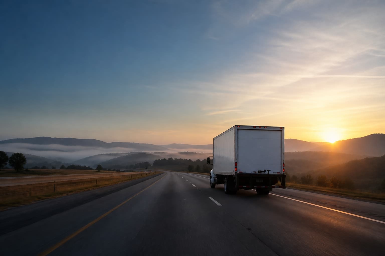 A box truck on a divided highway at sunrise, mist lying in the valleys below